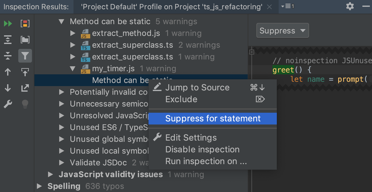 Suppressing an inspection in the Results tool window