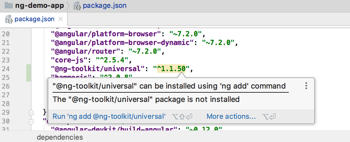 IntelliJ IDEA suggests adding a dependency with ng add