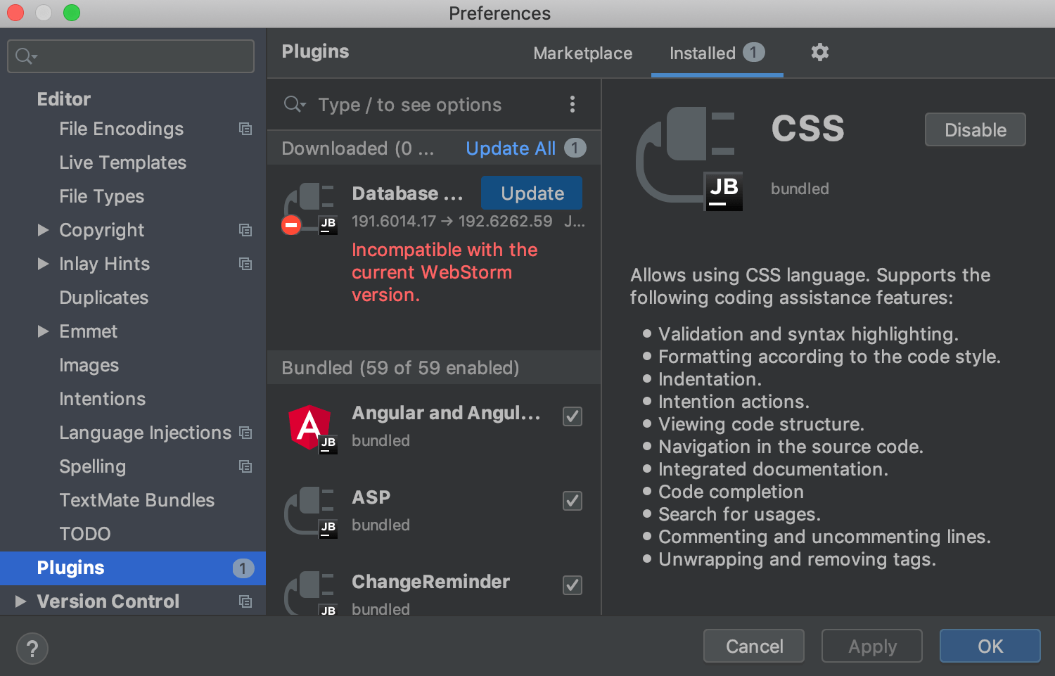 The Plugins settings dialog The Plugins settings dialog