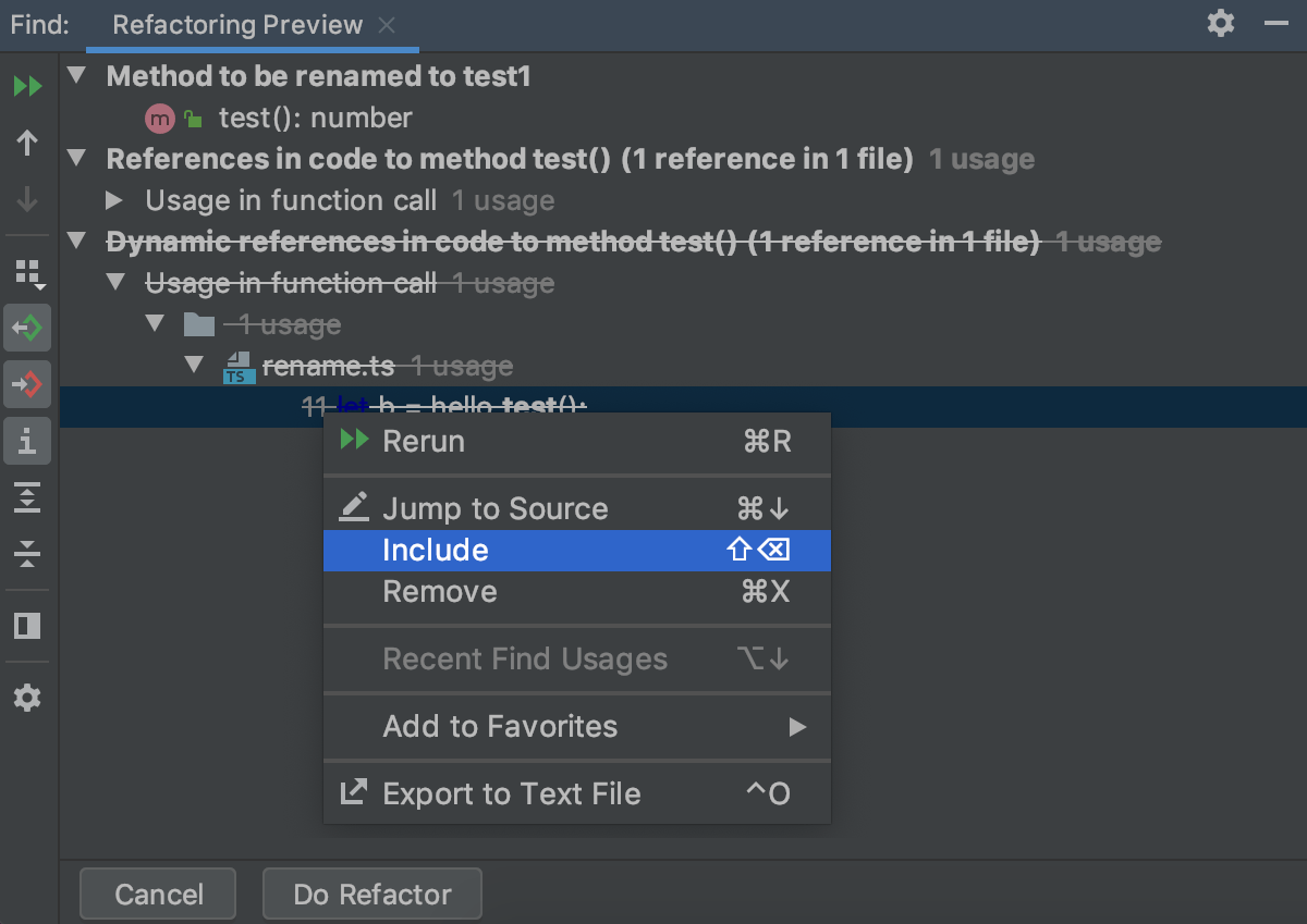 Refactoring Preview: the dynamic usages of a ymbol are marked as excluded from refactoring