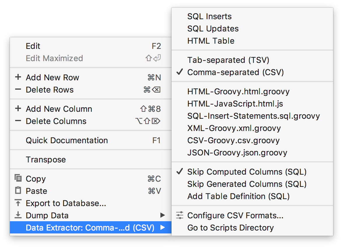 The data editor context menu The data editor context menu