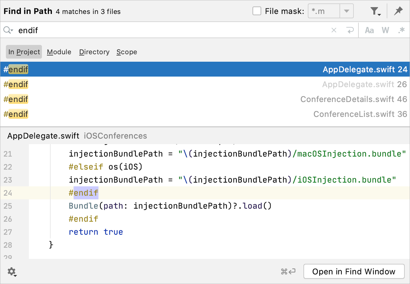 appcode dismiss find in path
