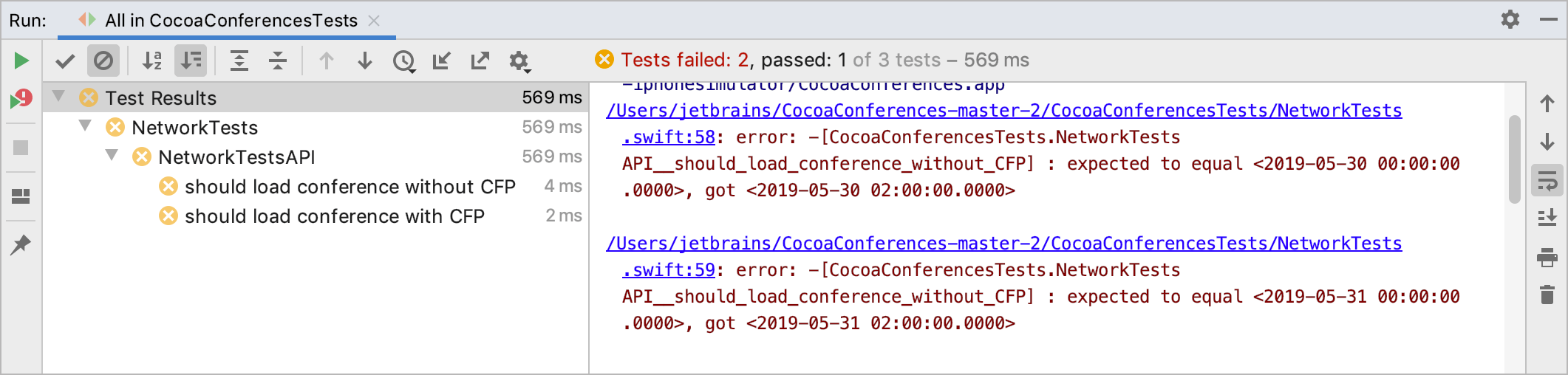 Tests in the Run tool window Tests in the Run tool window