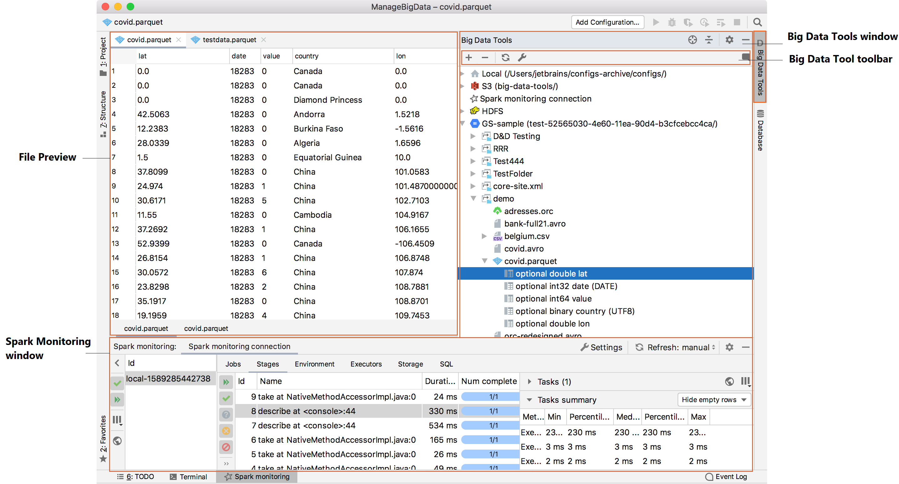 User interface of the IDE with the Big Data Tools plugin enabled User interface of the IDE with the Big Data Tools plugin enabled