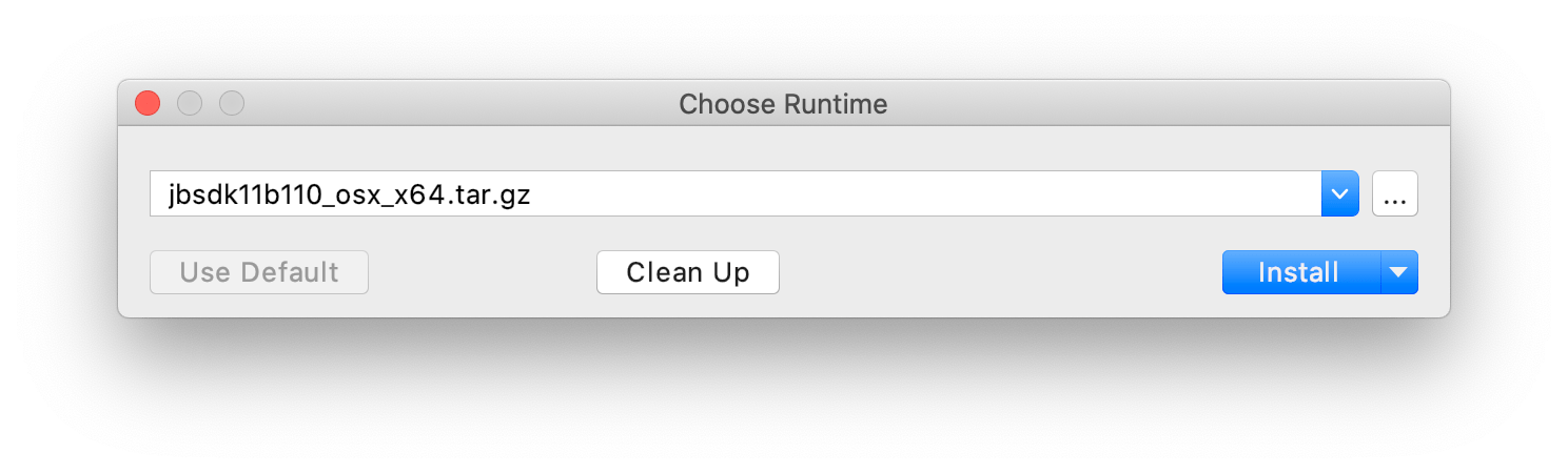 The Choose Runtime dialog with a remote JetBrains Runtime build selected