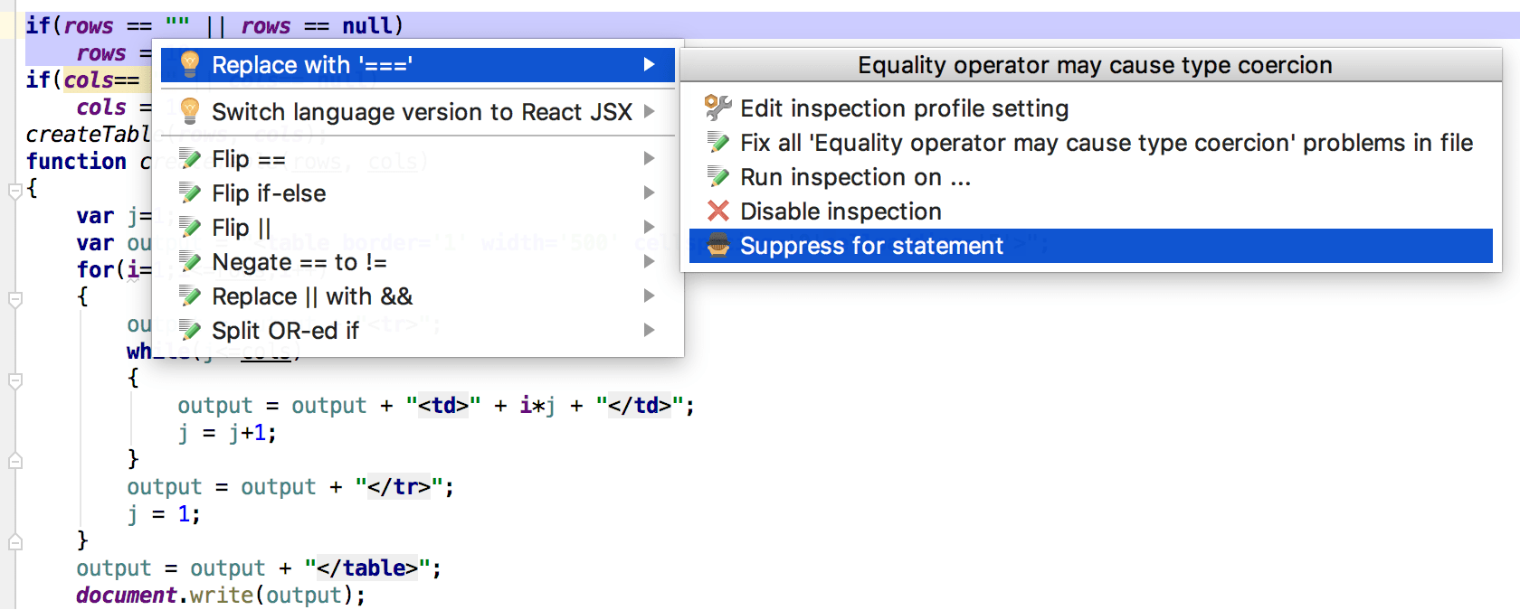 Example: intention action on JavaScript Example: intention action on JavaScript