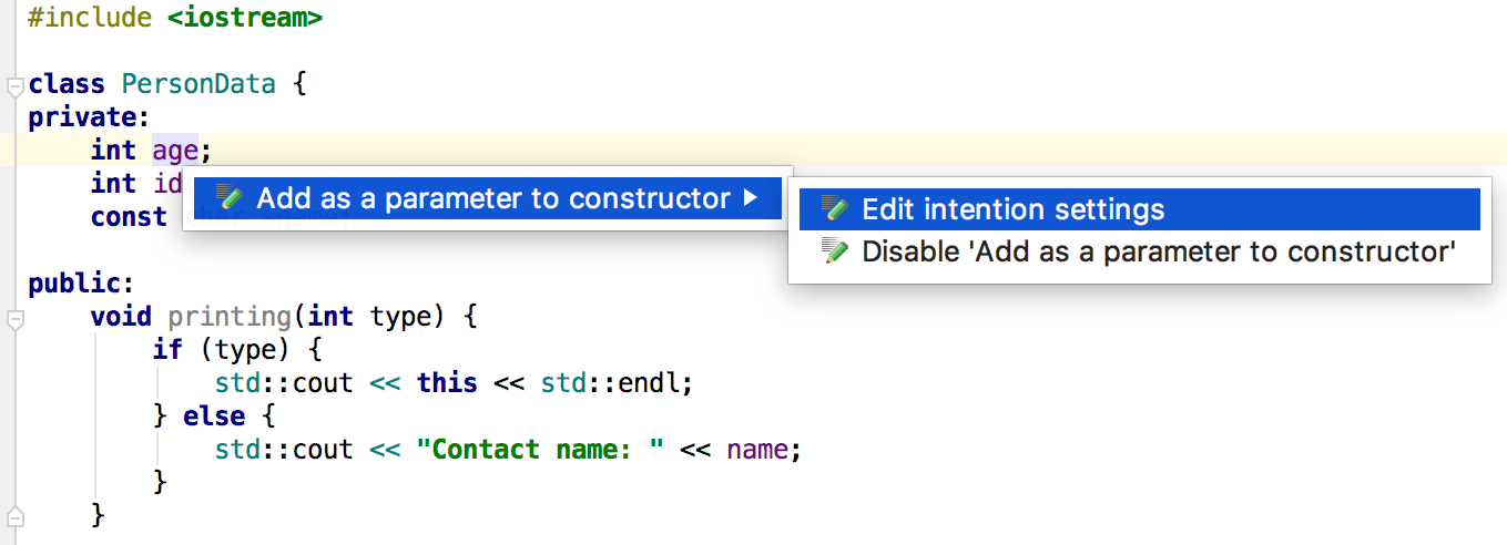Example: intention action on C++ Example: intention action on C++