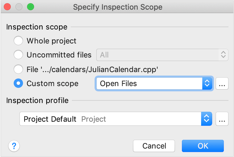 The Specify Inspection Scope dialog The Specify Inspection Scope dialog