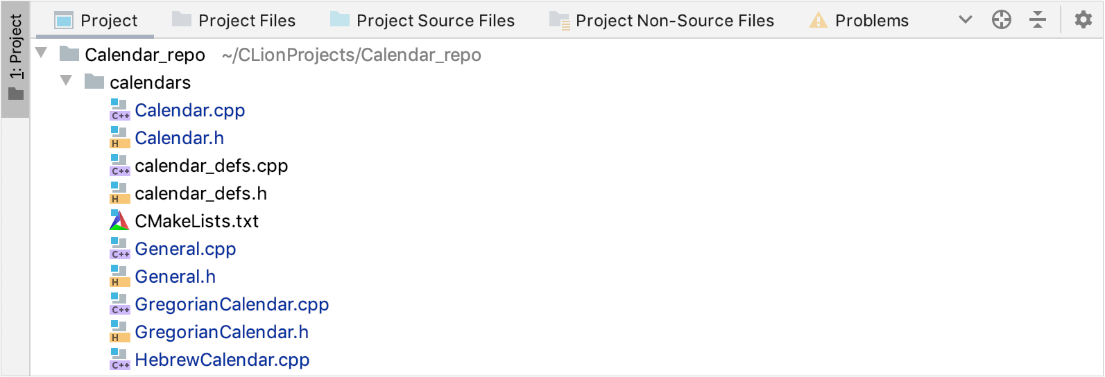 グループタブオプションが有効になっているプロジェクトツールウィンドウ The Project tool window with the Group Tabs option enabled