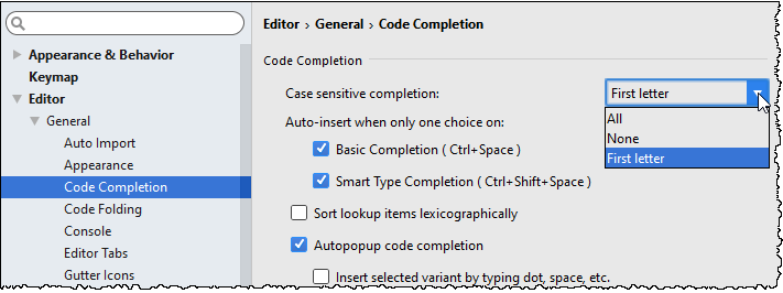 Code Completion page in Settings/Preferences dialog