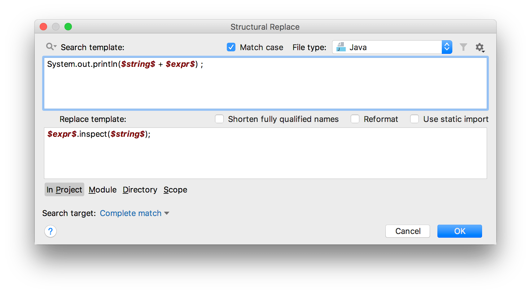 The Structural Replace dialog