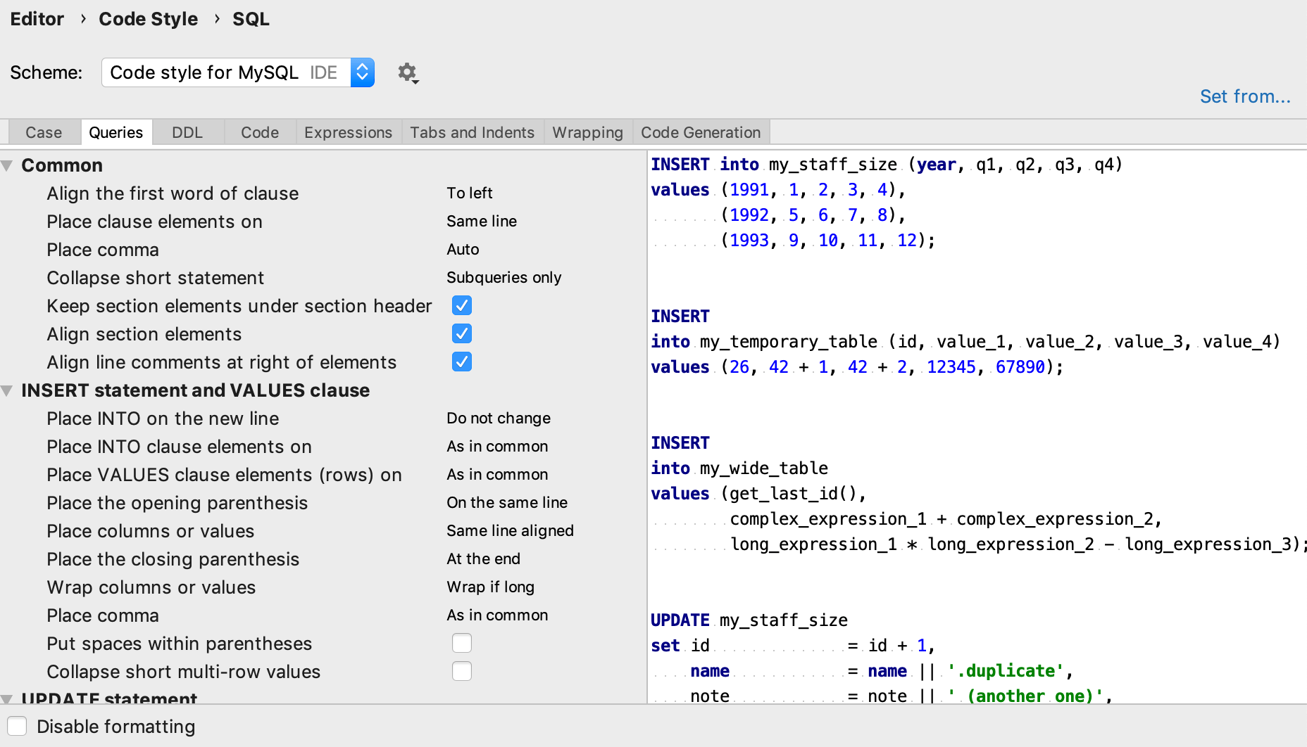 Code style settings Code style settings