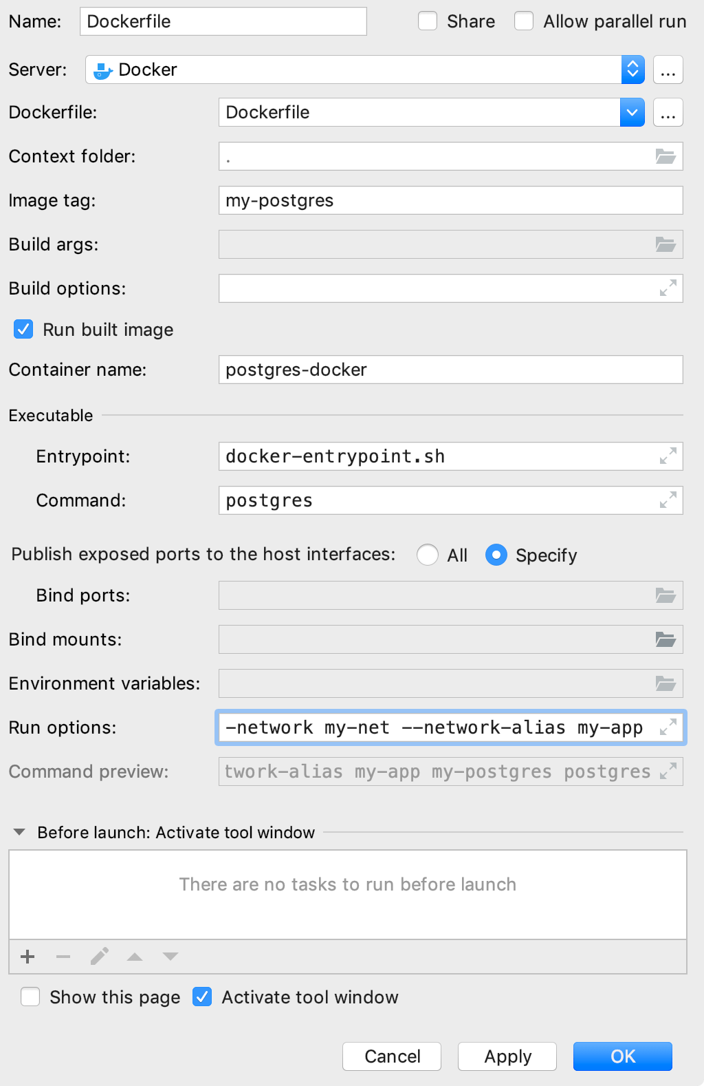 The Edit Deployment Configuration dialog with command-line options The Edit Deployment Configuration dialog with command-line options