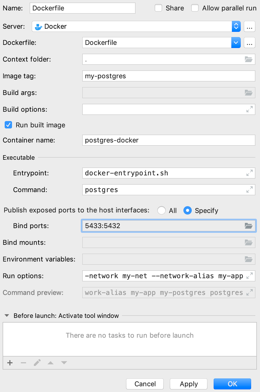 The Edit Deployment Configuration dialog with bind ports The Edit Deployment Configuration dialog with bind ports