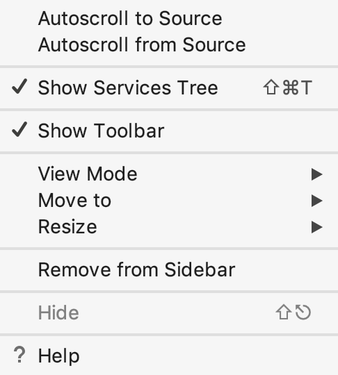 Context menu of a tool window tab Context menu of a tool window tab