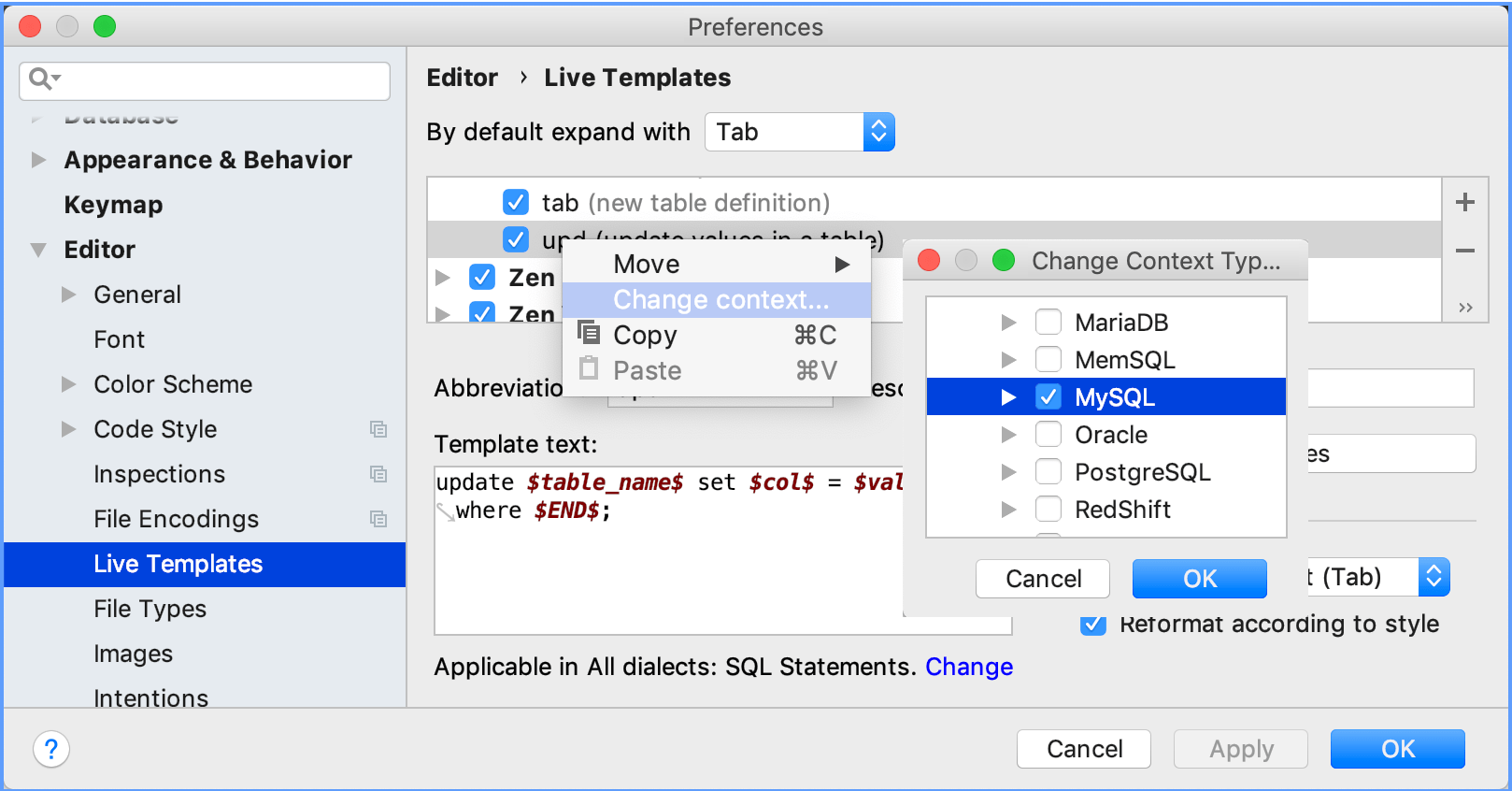 Set an SQL dialect for a live template Set an SQL dialect for a live template