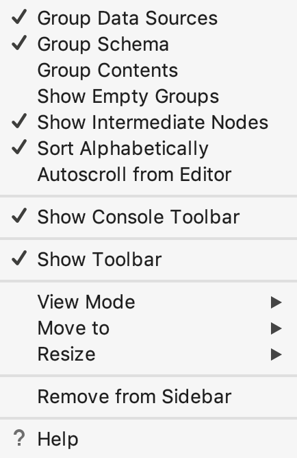 Tool window: context menu on pressing the Settings button on the title bar Tool window: context menu on pressing the Settings button on the title bar