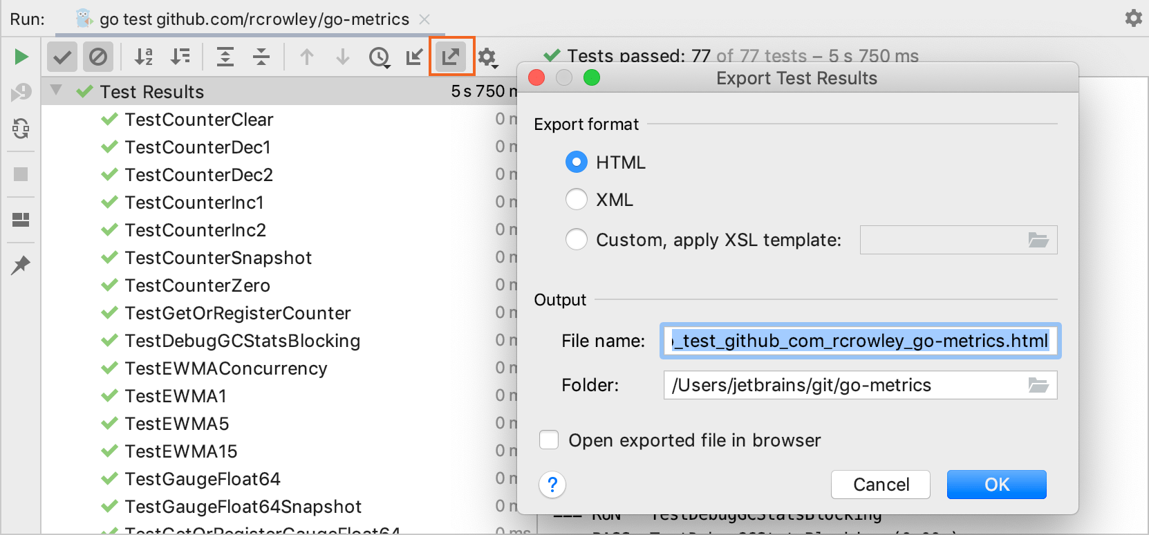 Export test results to a file Export test results to a file