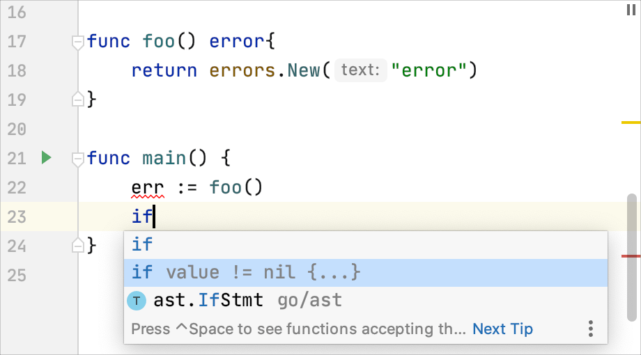 Code completion: handling errors with 'if err != nil { ... } Code completion: handling errors with 'if err != nil { ... }