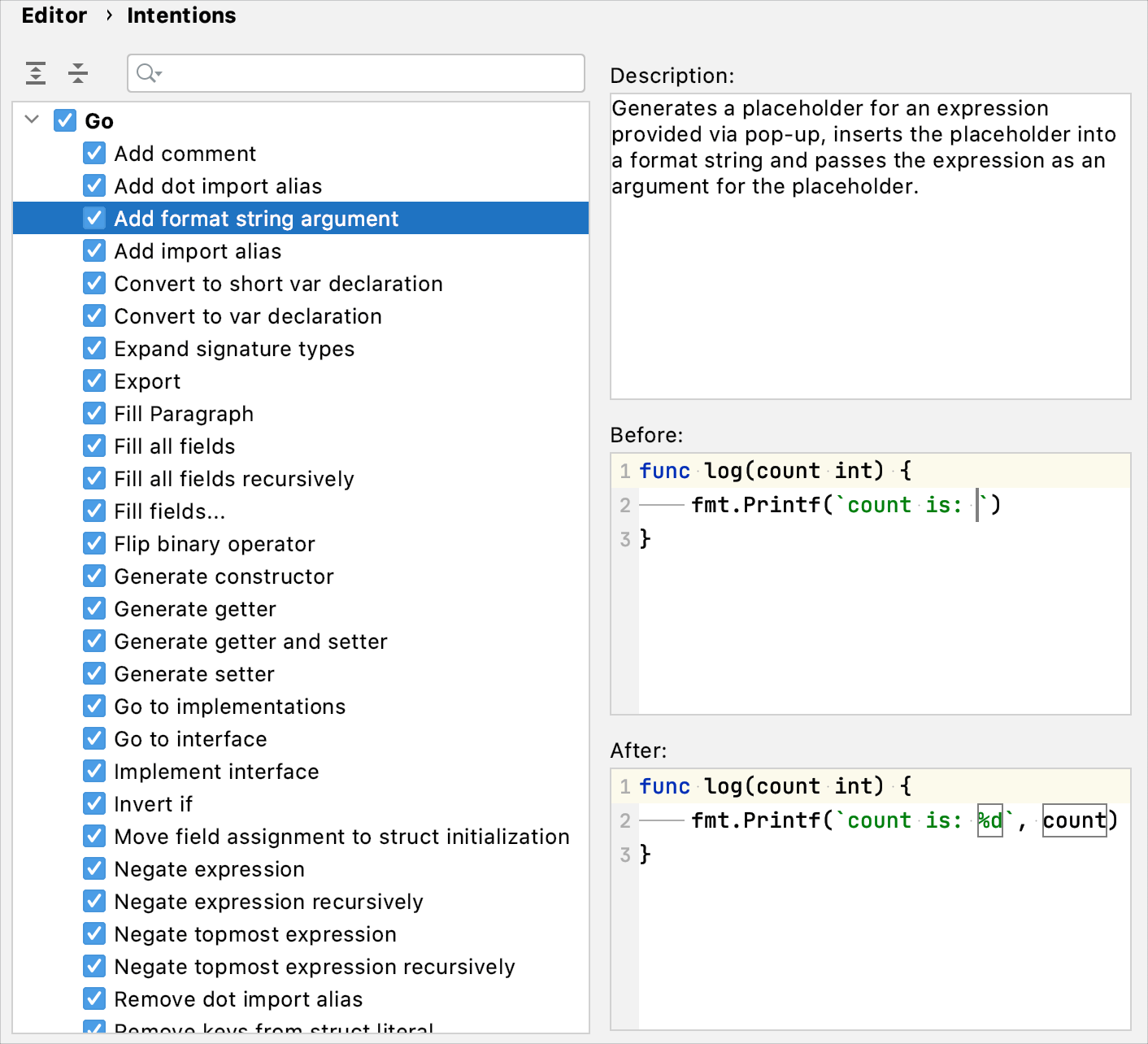 Settings of intention actions Settings of intention actions