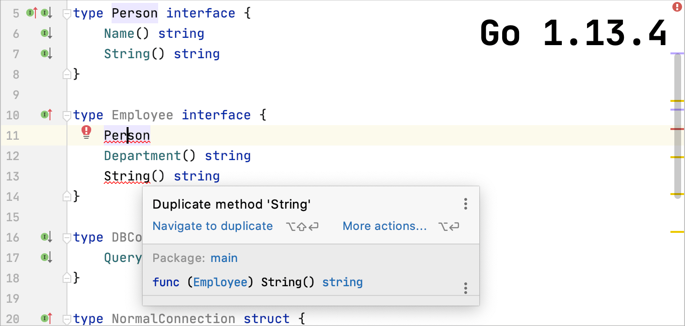 Go 1.13.4 does not support embedding overlapping interfaces Go 1.13.4 does not support embedding overlapping interfaces