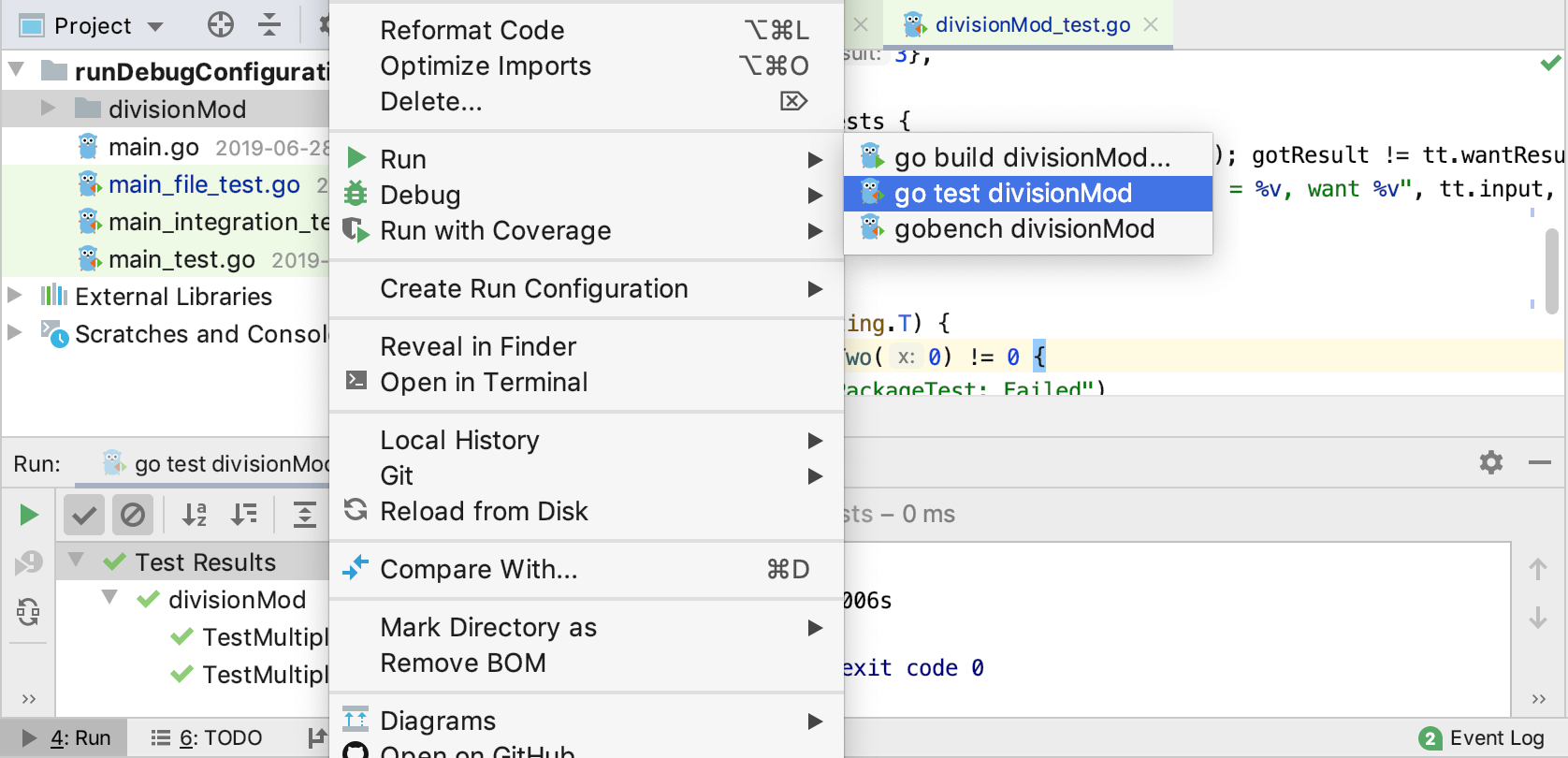 Run a test from the context menu Run a test from the context menu
