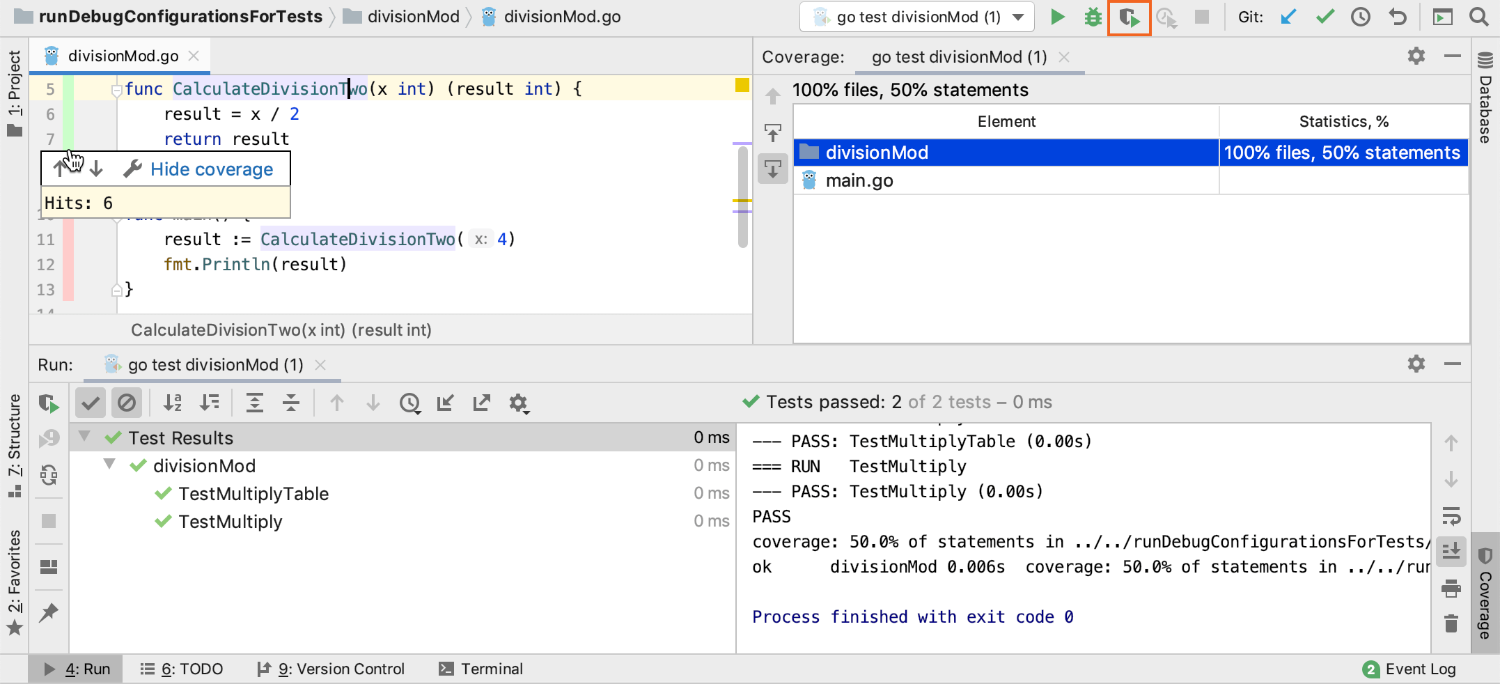 Run a test with code coverage Run a test with code coverage