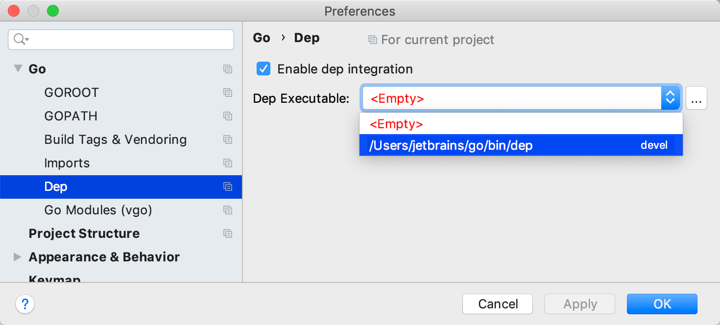 Specify the Dep executable for an existing Dep project Specify the Dep executable for an existing Dep project