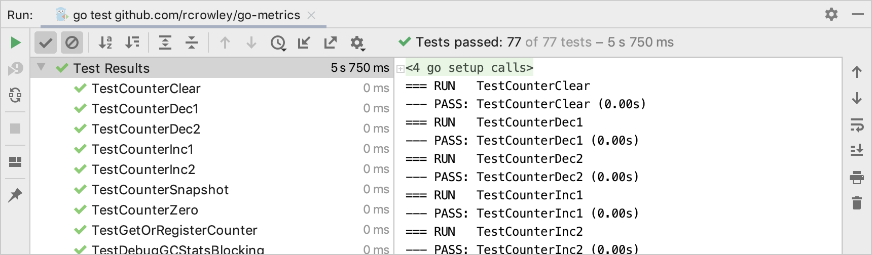 Test runner in the Run tool window Test runner in the Run tool window