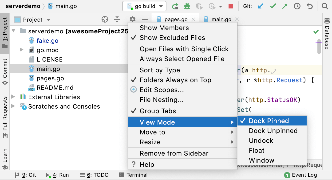 Tool window options menu: Move to Tool window options menu: Move to