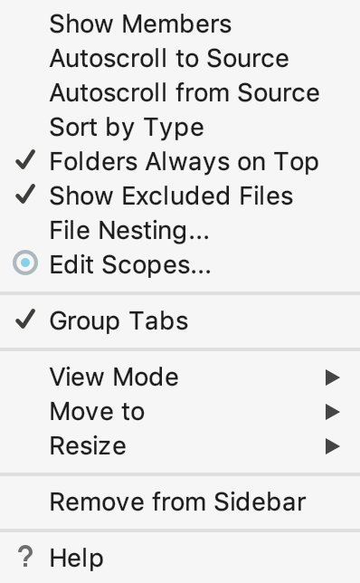 Tool window: context menu on pressing the Settings button on the title bar Tool window: context menu on pressing the Settings button on the title bar