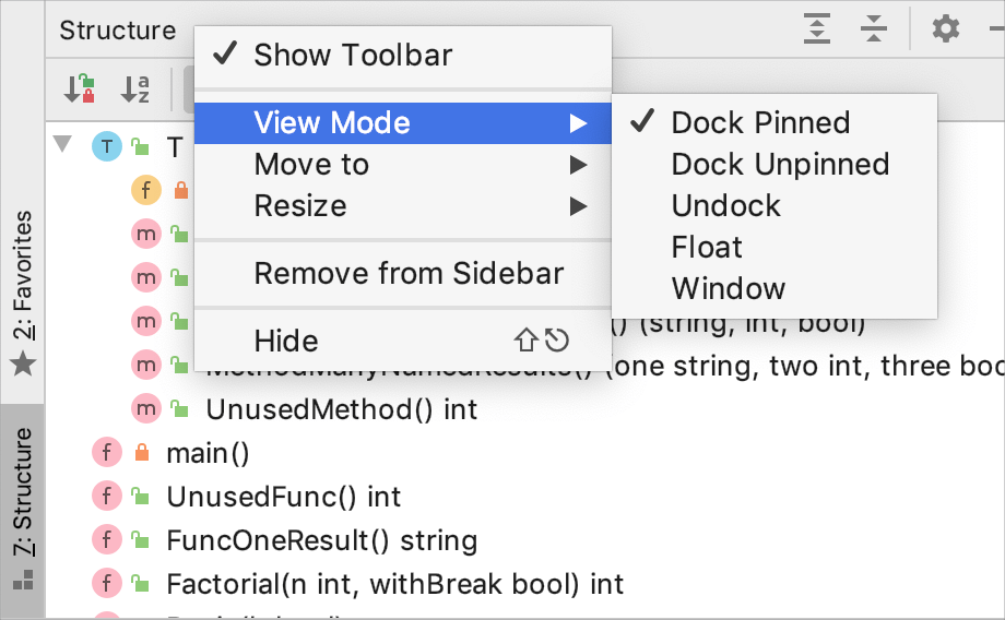 Context menu of a tool window title Context menu of a tool window title