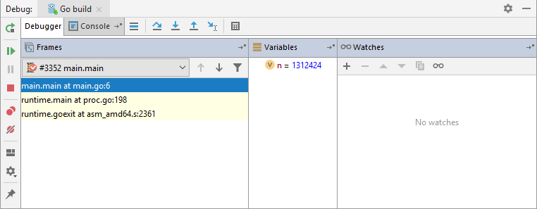 GoLand: Debug window GoLand: Debug window