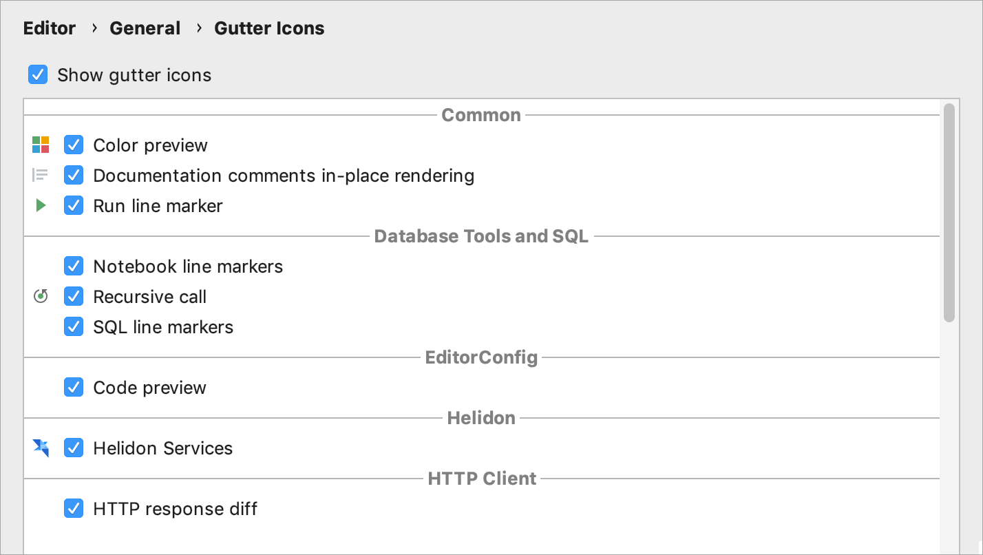 Gutter icons settings in the Settings/Preferences dialog Gutter icons settings in the Settings/Preferences dialog