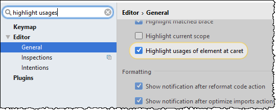 The Highlighting usages of element at caret oprtion shown in the settings