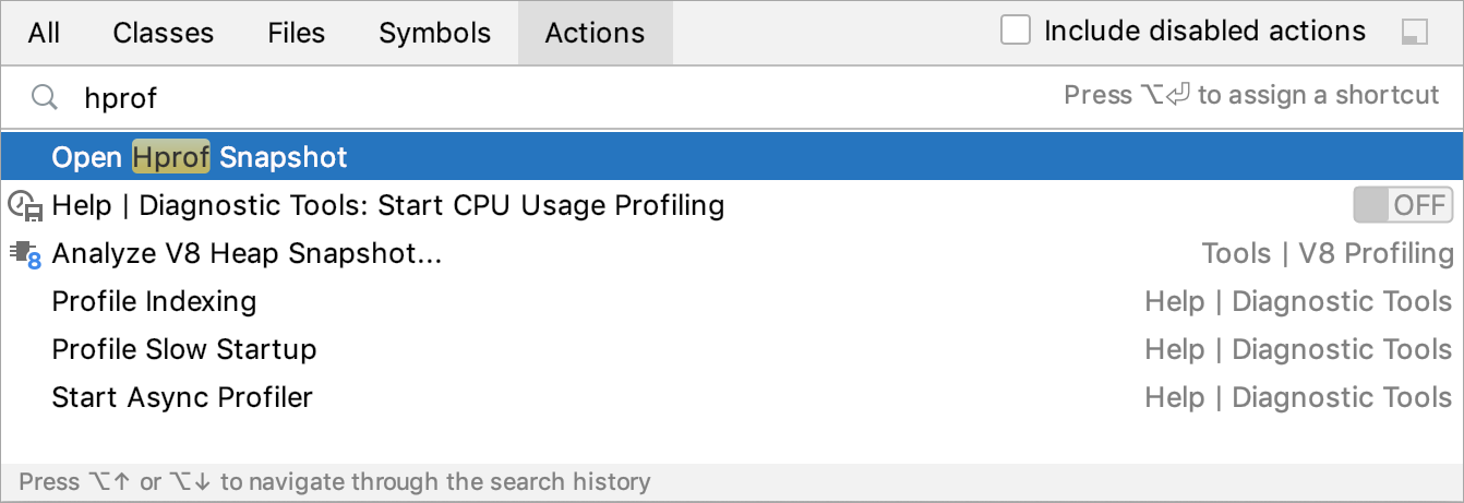 The Open Hprof Snapshot action in the Find Action dialog