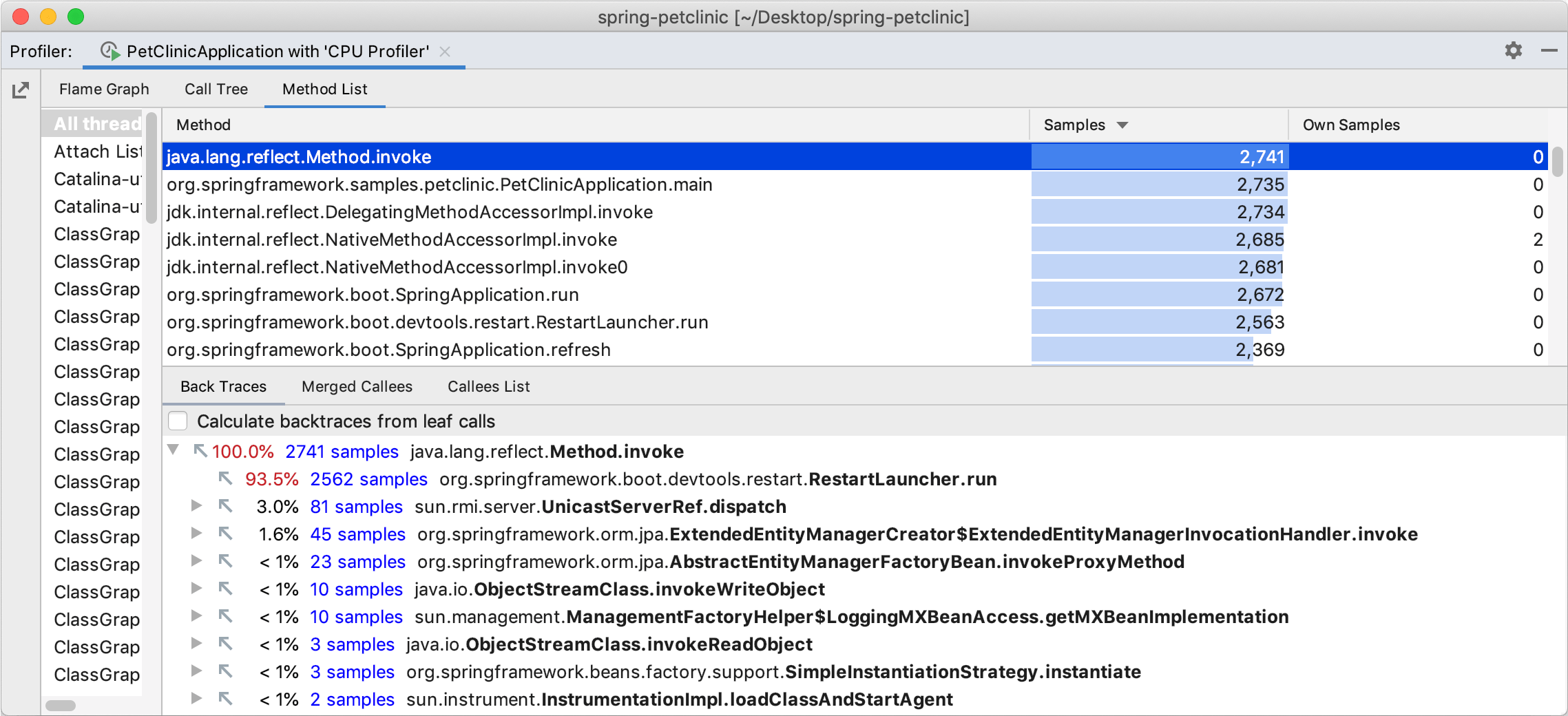method list tab in the profiler results