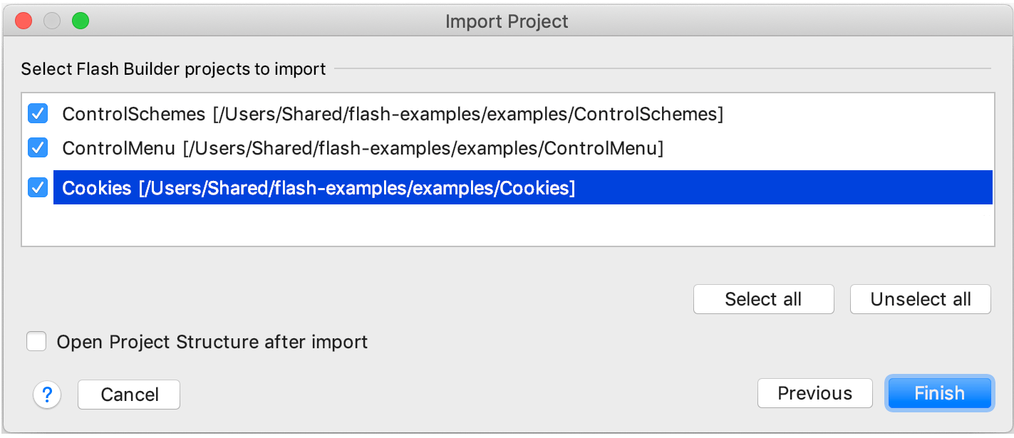Importing a project from Flash Builder