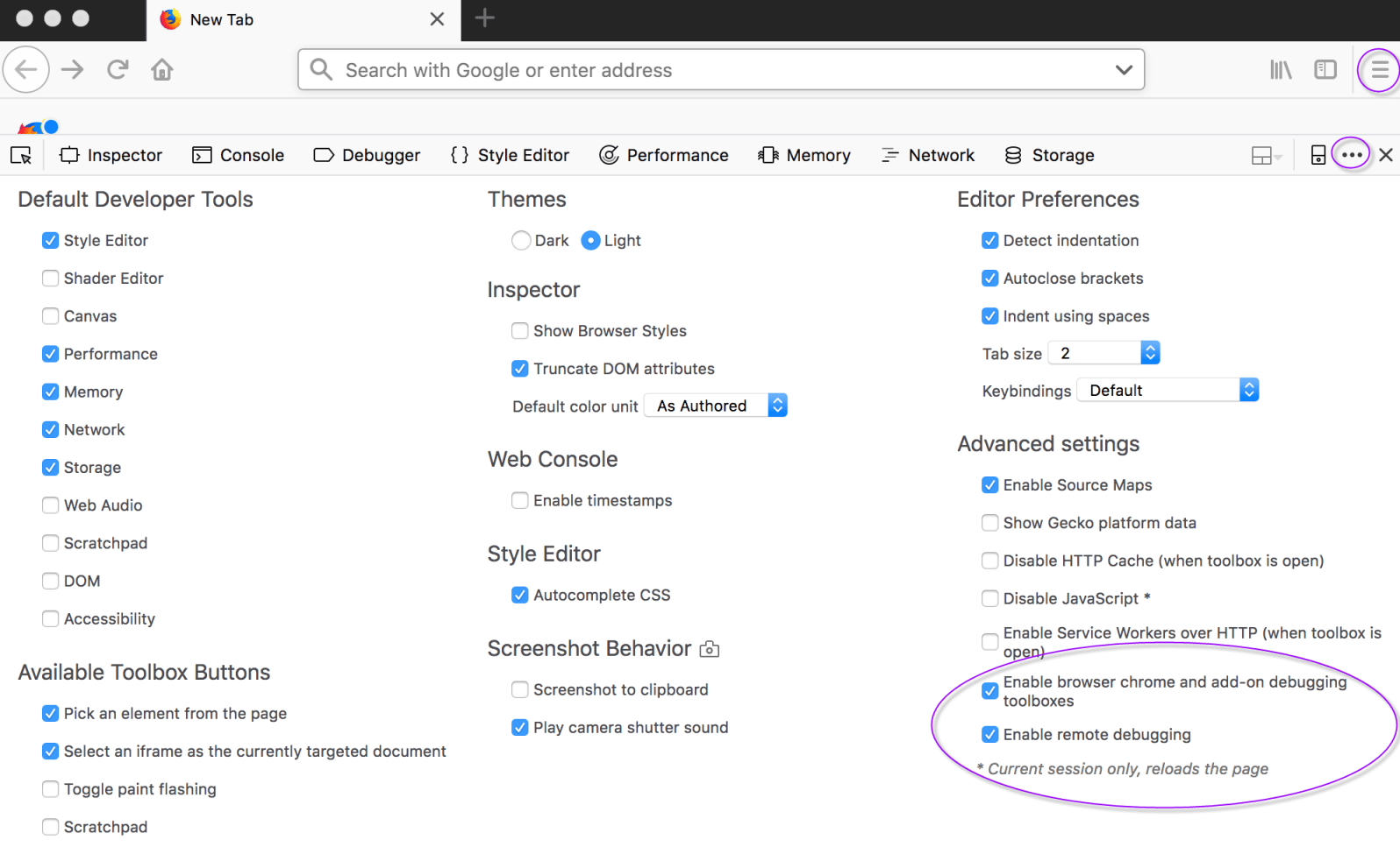 Selecting the Enable remote debugging and Enable browser chrome add-on debugging checkboxes