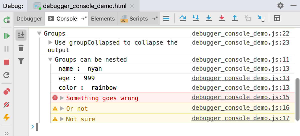 Node.js interactive debugger console: log messages grouped