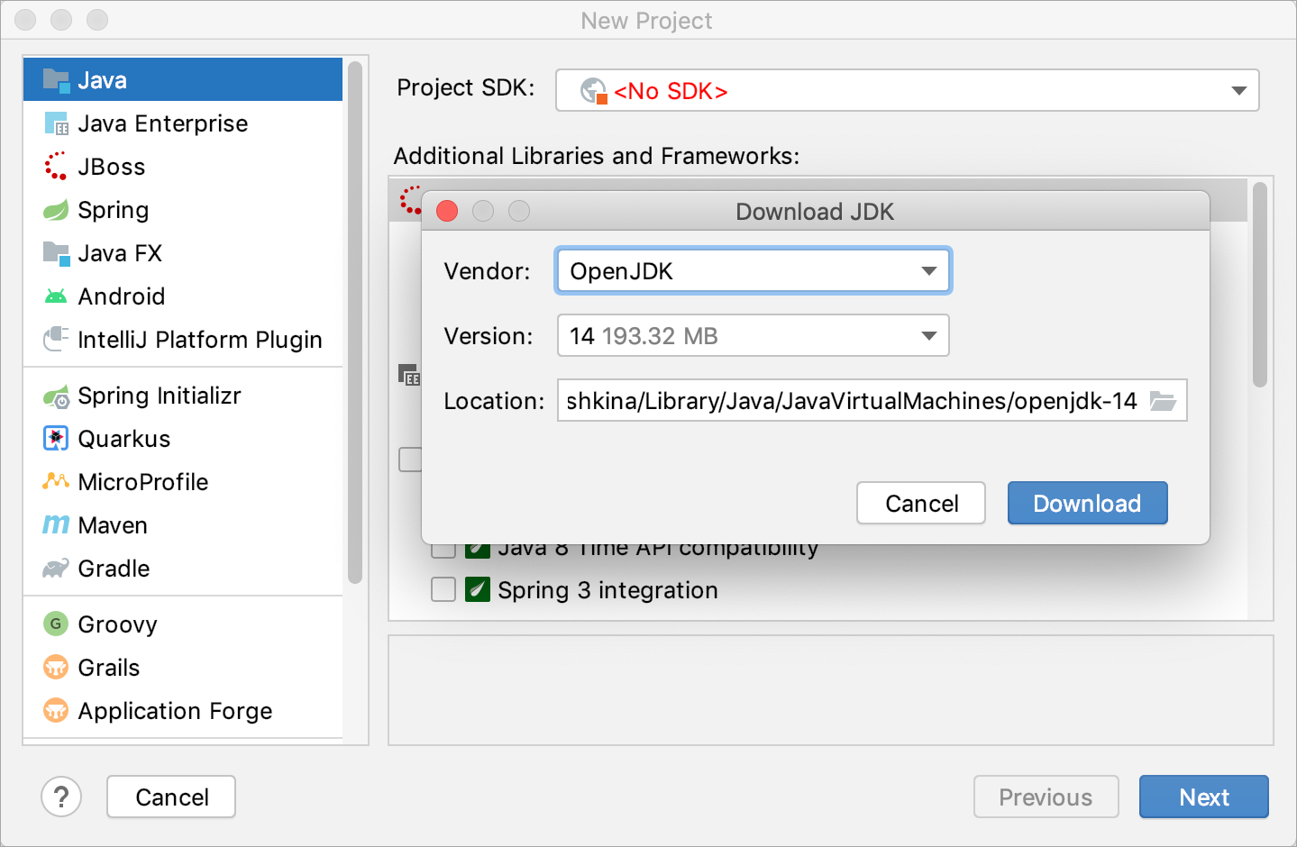 Downloading a JDK for the new project