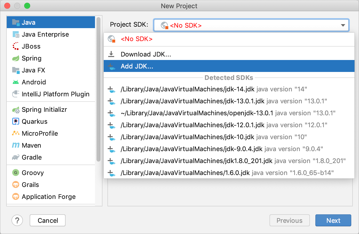 Configuring an SDK for the new project