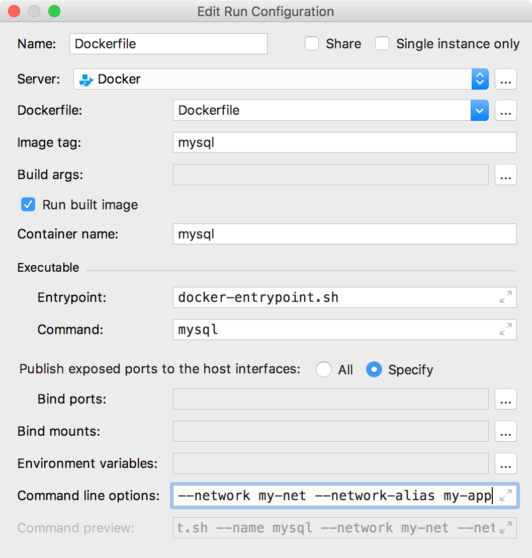 The Edit Deployment Configuration dialog with command-line options The Edit Deployment Configuration dialog with command-line options