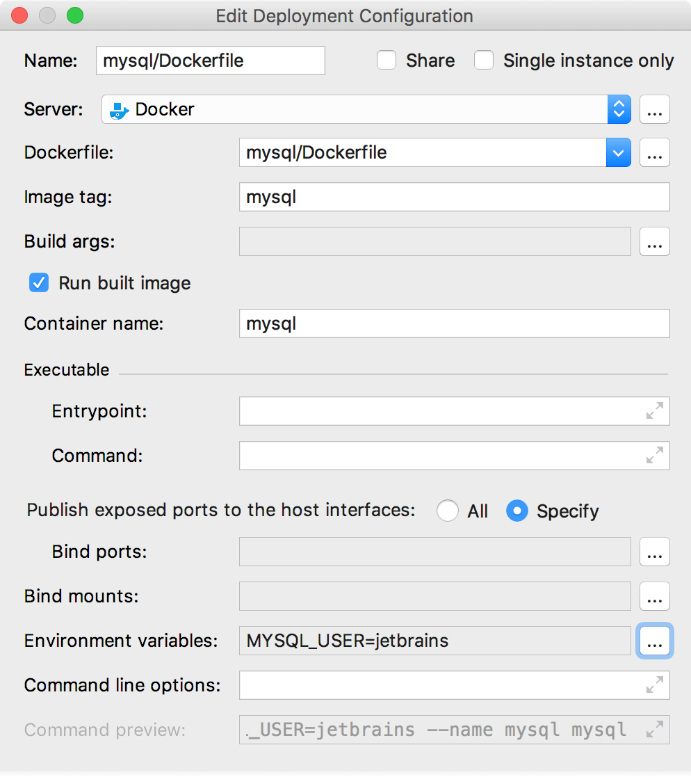 The Edit Deployment Configuration dialog with environment variables The Edit Deployment Configuration dialog with environment variables