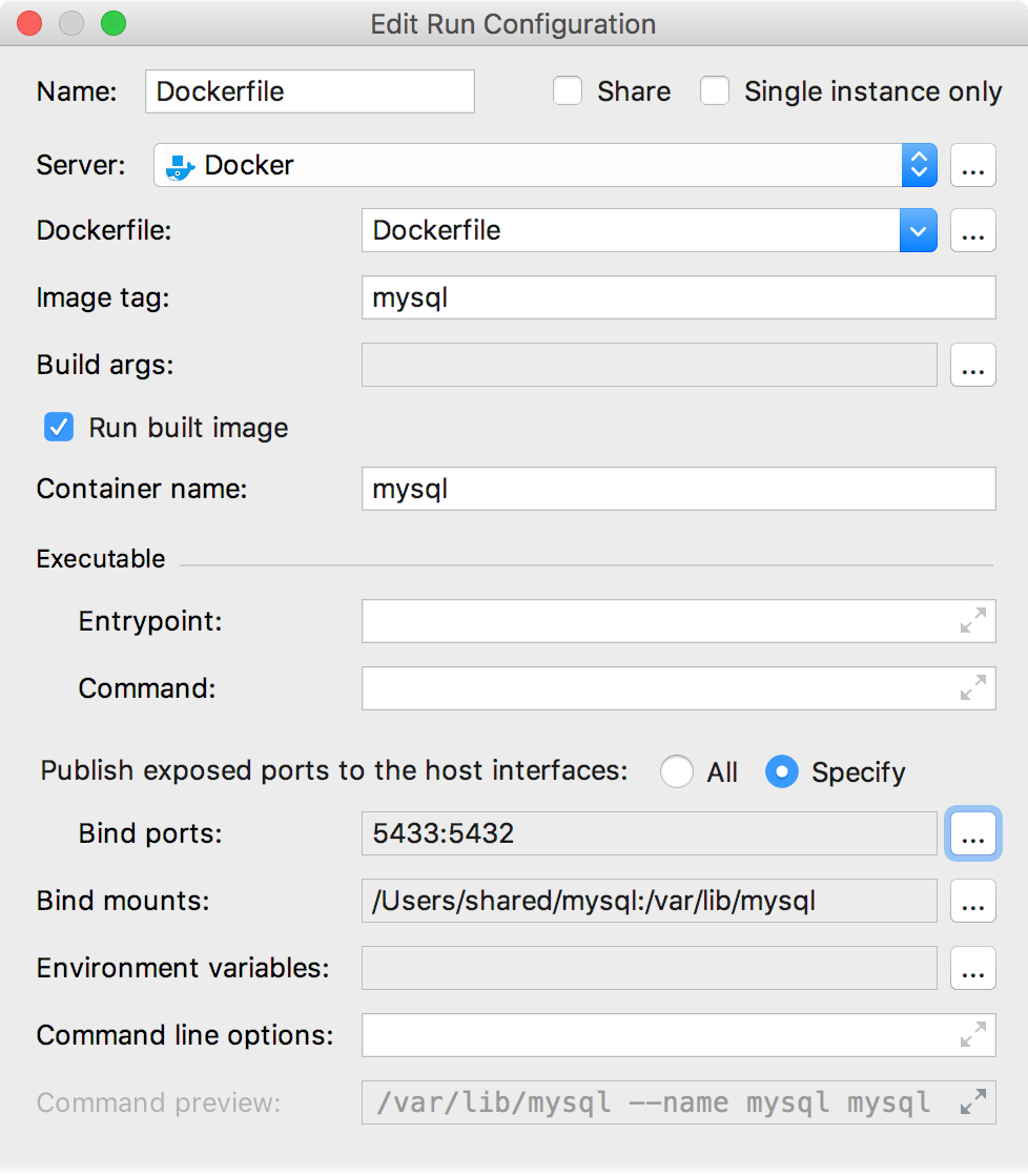 The Edit Deployment Configuration dialog with bind ports The Edit Deployment Configuration dialog with bind ports
