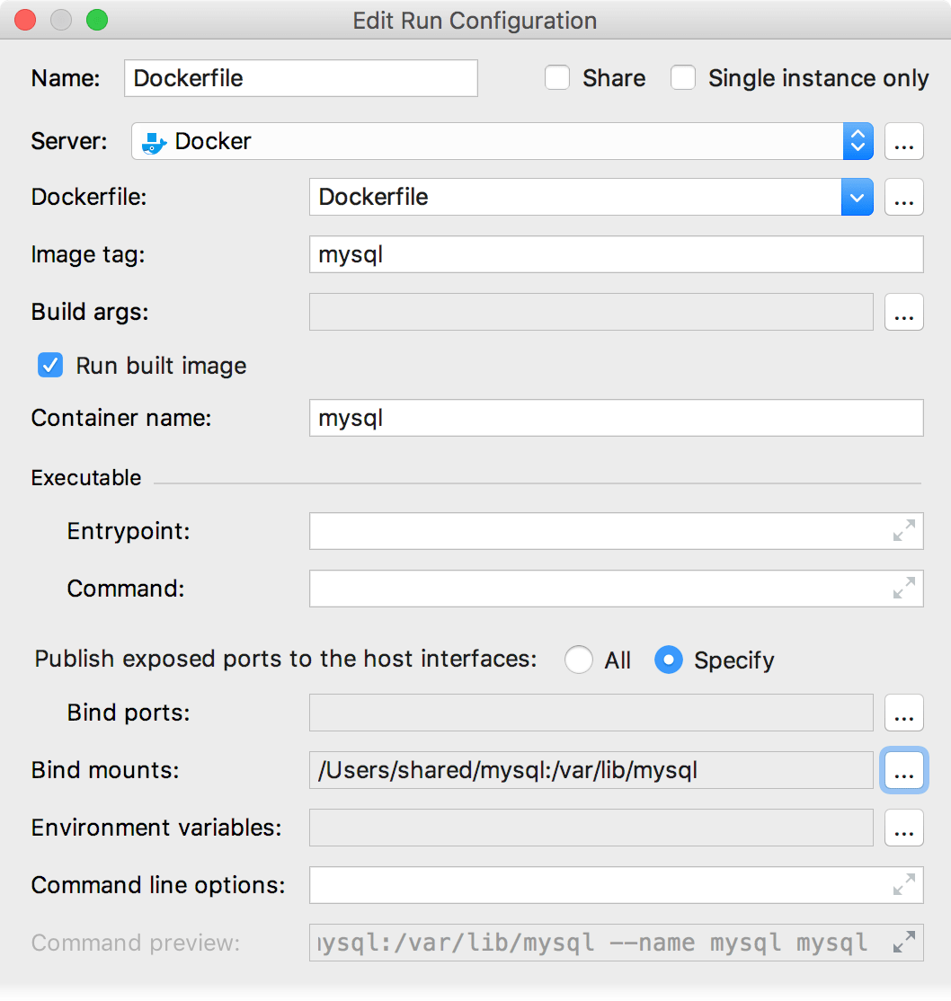 The Edit Deployment Configuration dialog with bind mounts The Edit Deployment Configuration dialog with bind mounts