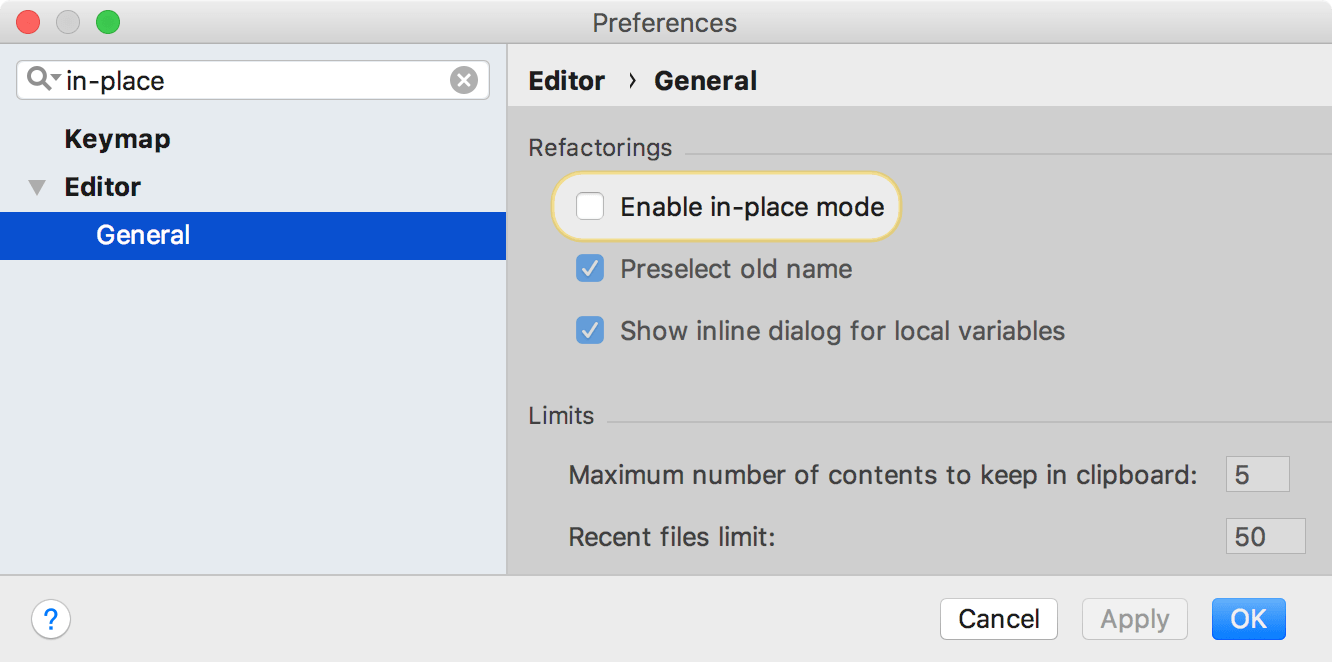 the Enable in-place mode setting the Enable in-place mode setting