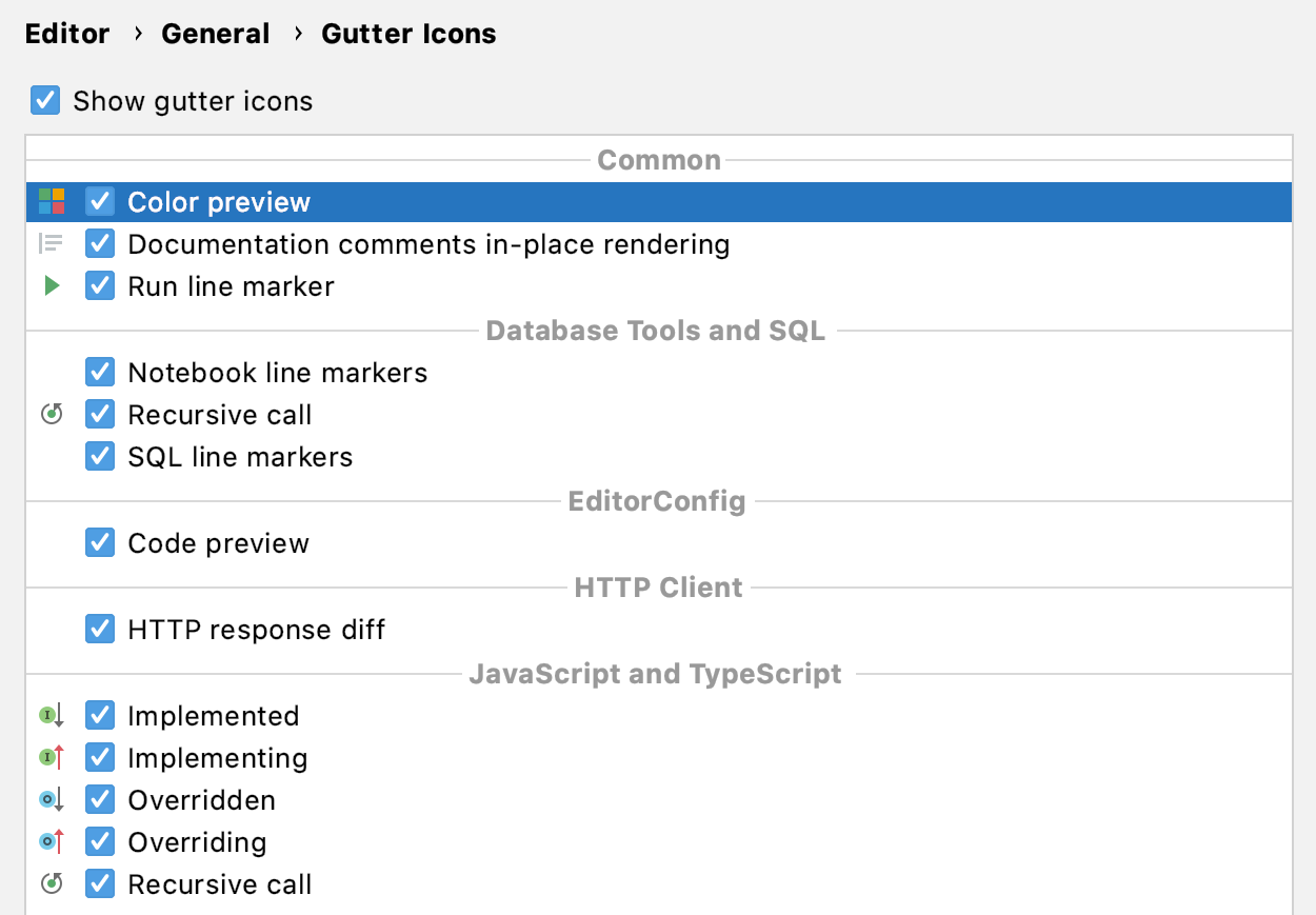 Gutter icons settings in the Preferences dialog Gutter icons settings in the Preferences dialog