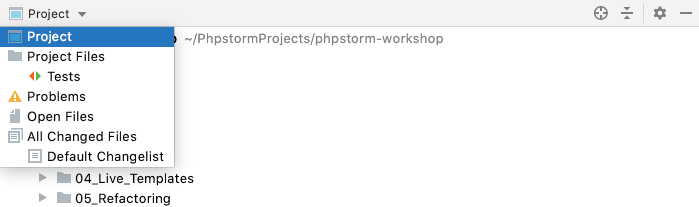 グループタブオプションが有効になっているプロジェクトツールウィンドウ The Project tool window with the Group Tabs option disabled