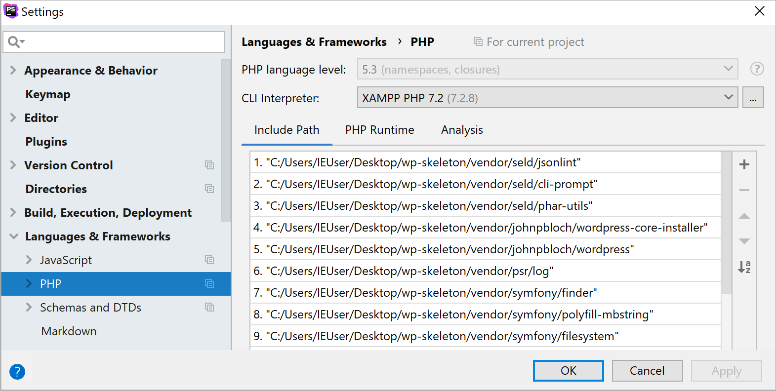 XAMPP interpreter selected